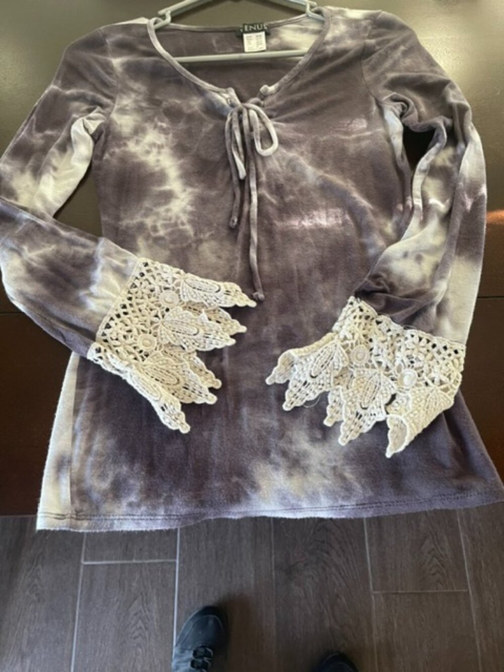 grey and white top